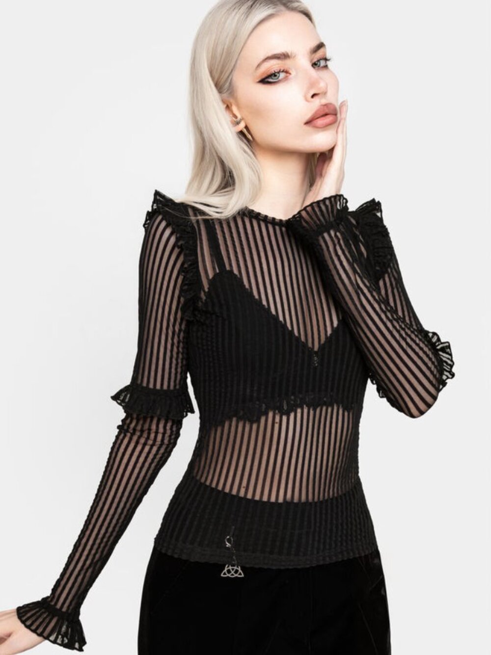 Disturbia Mourning Ruffle Top Black Mesh Gothic Long Sleeve